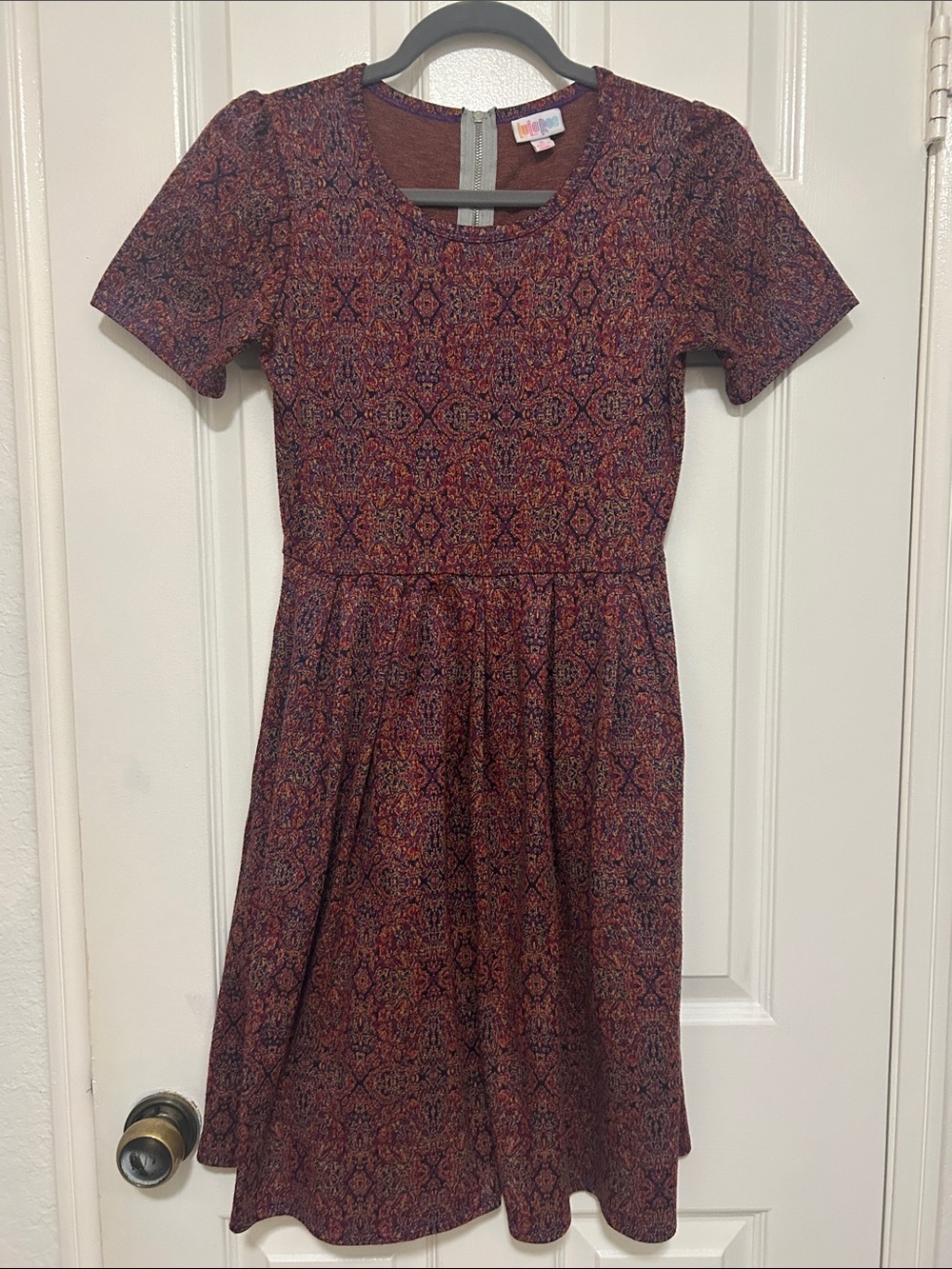 Patterned Short-Sleeve Skater Dress - Burgundy
